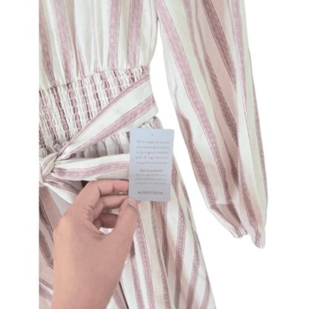 Petal & Pup Striped Smocked Waist Linen Blend Midi Dress Burgundy Neutral XL NEW - Picture 5 of 6